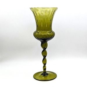 Empoli Green Glass Compote Vase Flared Avocado Twisted Stem Optic Vintage